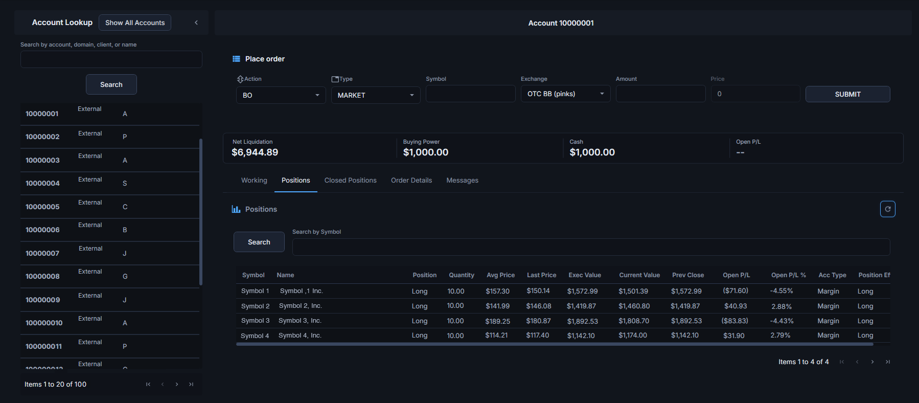 Back-office account and position interface, illustrative AQUAS Blue interface