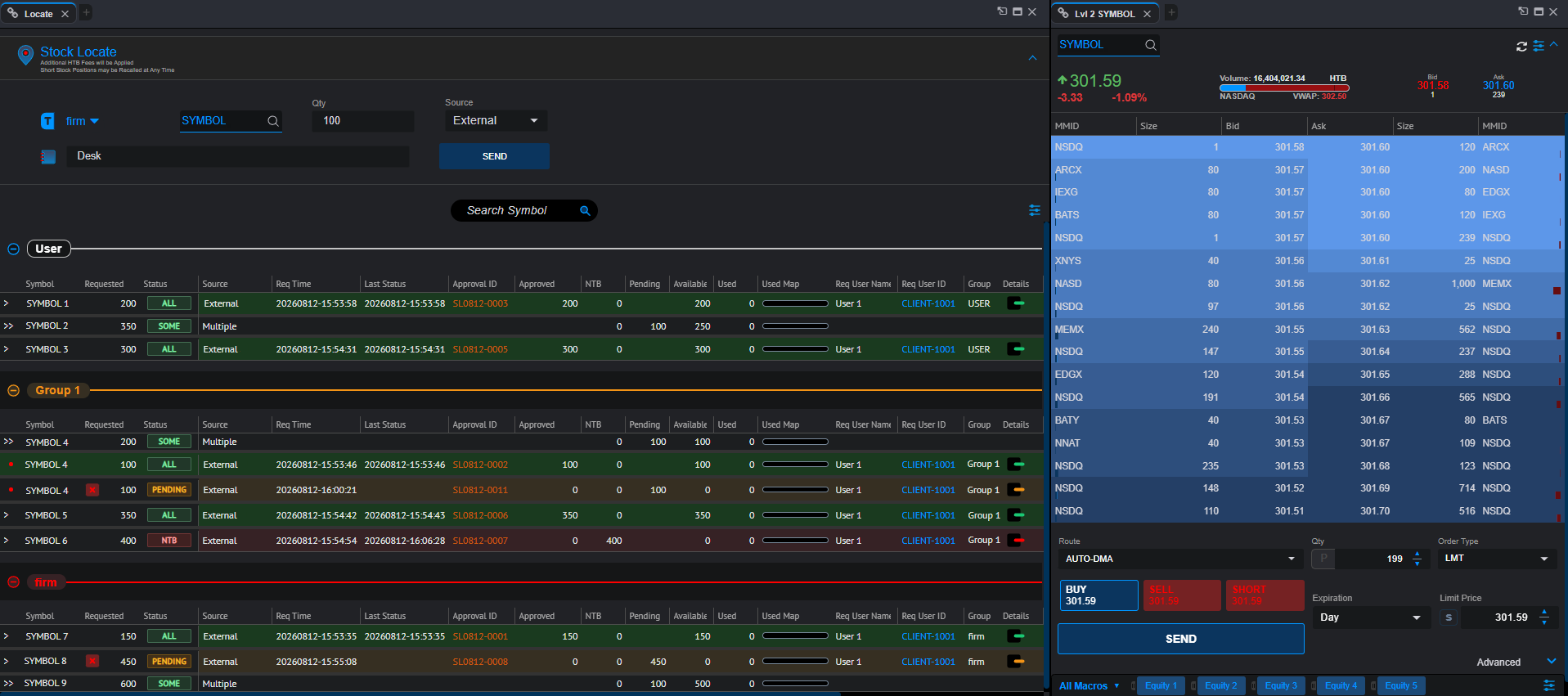 Stock locate and market-depth workspace, illustrative AQUAS Blue interface